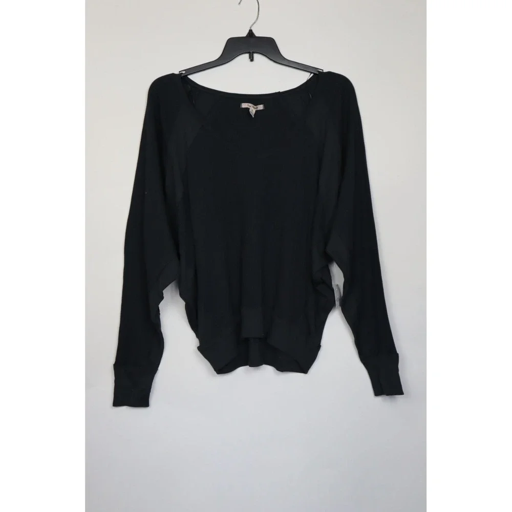 Free People Black Thermal Santa Clara Blouse‎ Top Waffle Relaxed Dolman Size M